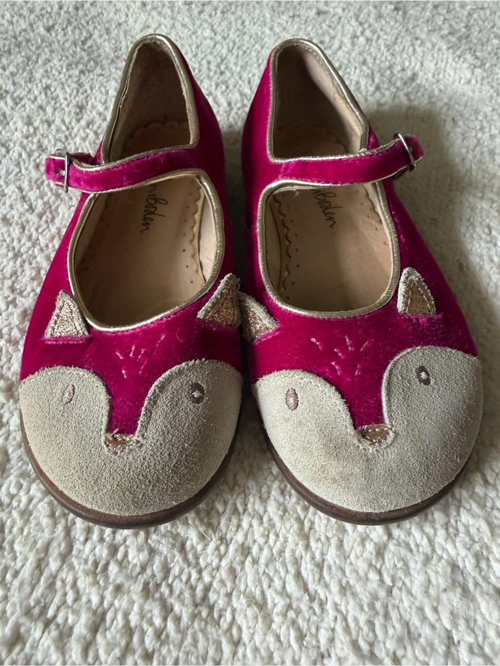 Mini Boden Girls Velvet Animal Face Mary Jane Flats Pink Gold EU 29